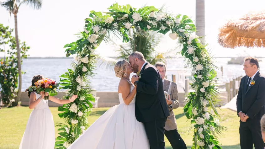 bride and groom kissing