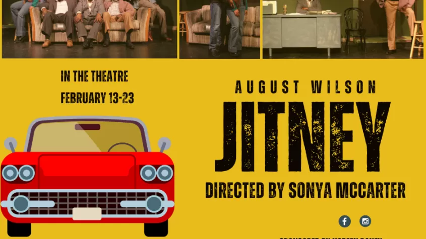 yellow background with a red car and black bold letters and cast pictures at the top